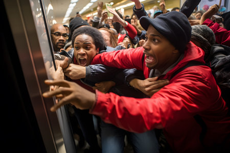 Crazy obsessed with seasonal sales people rushing to enter store, trying to get into shopping mall on Thanksgiving Black Friday sales.の素材