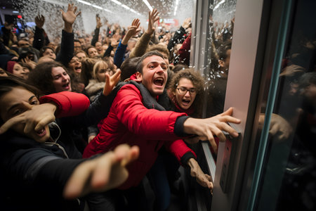Crazy obsessed with seasonal sales people rushing to enter store, trying to get into shopping mall on Thanksgiving Black Friday sales.の素材
