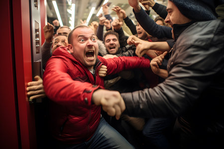Crazy obsessed with seasonal sales people rushing to enter store, trying to get into shopping mall on Thanksgiving Black Friday sales.の素材
