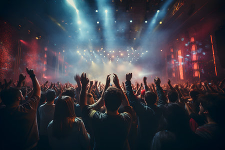 Colorful and bright pop music concert with large crowds and lightsの素材