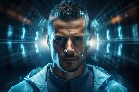 Artificial intelligence concept of close up head shot of man with futuristic overlay and cyber hologram over his face on modernistic Sci-fi backgroundの素材