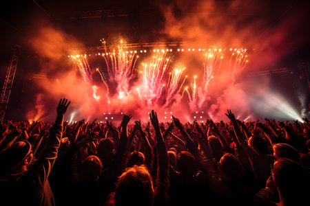 Colorful and bright new year countdown music concert with large crowds and fireworksの素材