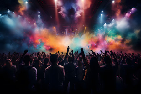 Colorful and bright new year countdown music concert with large crowds and fireworksの素材