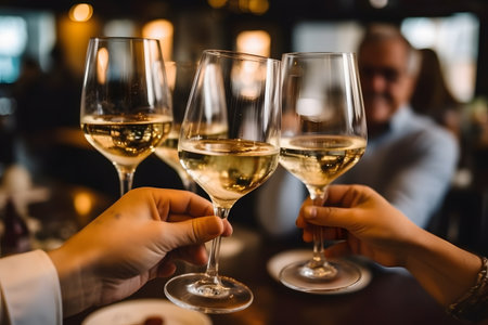 close up hands friends toasting white wine at dinner party in restaurantの素材
