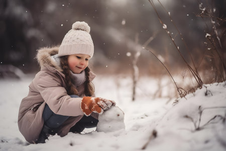 Little girl in warm clothing building snowman in the woods during winter seasonの素材