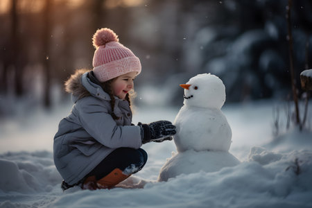 Little girl in warm clothing building snowman in the woods during winter seasonの素材