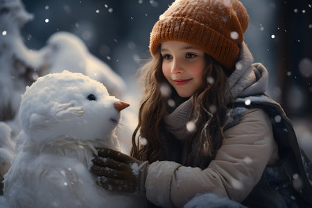 Little girl in warm clothing building snowman in the woods during winter seasonの素材