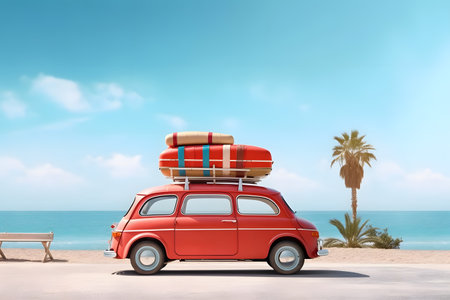 Retro red car with luggage on car roof park at the beach, ready for summer holidaysの素材