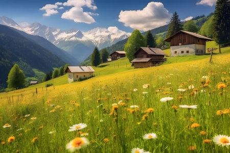 Beautiful mountain village scenery with fresh green meadows, blue sky, clouds and flowersの素材