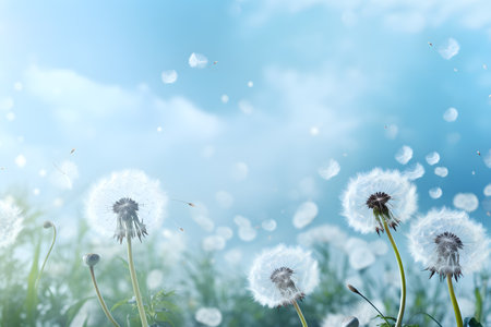 White fluffy dandelions, natural green blurred spring background, selective focus.の素材