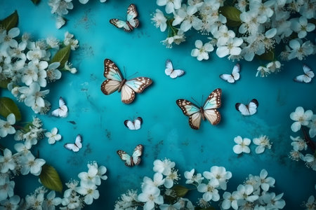Top view frame of beautiful spring nature background with butterfly, lovely blossom, petal a on turquoise background, copy space for textの素材