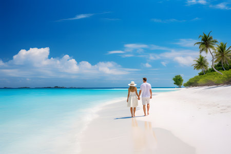 View of a happy and romantic young couple walking on beautiful white sand beach on paradise islandの素材