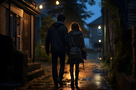 Young couple holding each other hands, slowly walking under street lights in night, dark time, peaceful atmosphere in mist, foggy air.の素材
