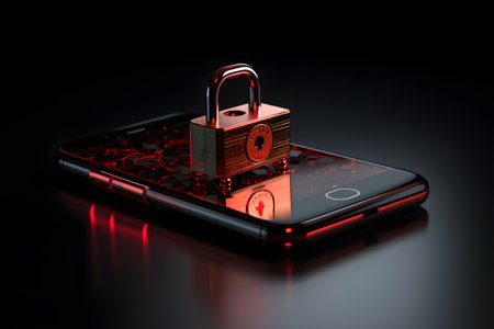 Background of heavy duty metal lock placed on top of modern cell phoneの素材