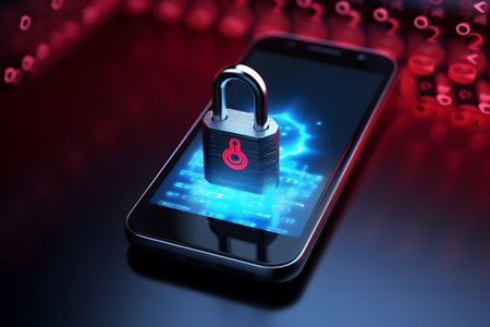 Background of heavy duty metal lock placed on top of modern cell phoneの素材