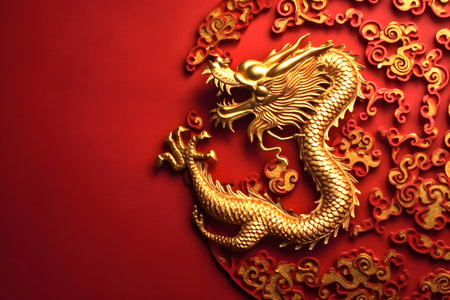 Beautiful golden dragon illustration on red backgroundの素材