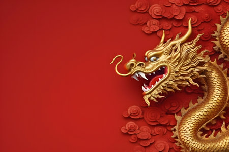 Beautiful golden dragon illustration on red backgroundの素材