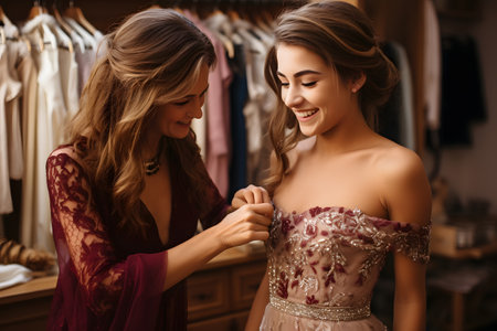 a mother is helping her teenager daughter find the perfect outfit for the prom partyの素材
