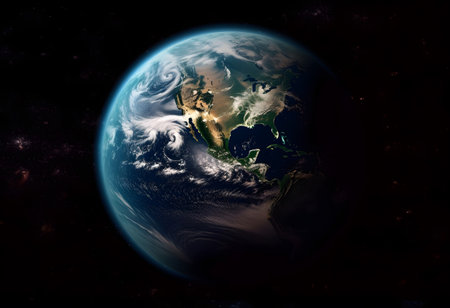 Panoramic view of 3D spherical planet Earth globe from space with cloudsの素材