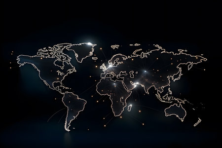 Glowing world map of the Earth with continents and oceans on dark backgroundの素材