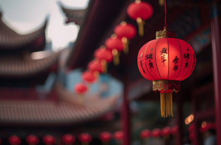 Traditional Chinese red lantern on temple background for festive lunar New Year celebrationの素材