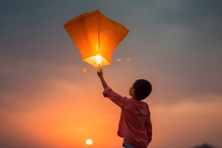 back view of little asian boy releasing a lightning chinese sky lantern on sunset sky, making wish conceptの素材