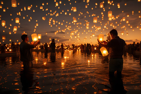 Thai people release sky floating lanterns or lamp to worship Buddha's relics with reflection, religion eventの素材