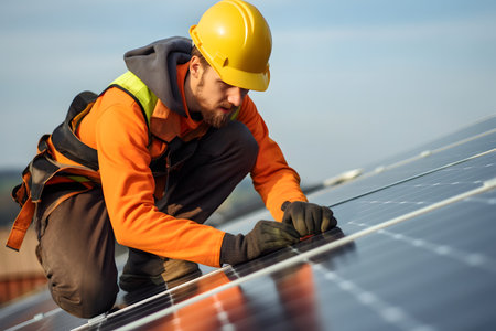 A handyman installing solar panels on the rooftop, wear construction jacketの素材