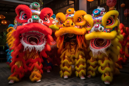 Colorful lion costumes performing the traditional lion dance during Chinese New Yearの素材