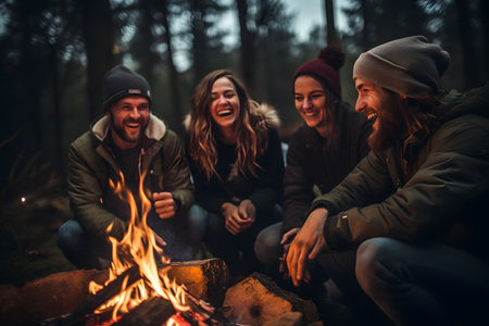 Group of young friends sitting and happily bonding together around campfire at night on wilderness tripの素材