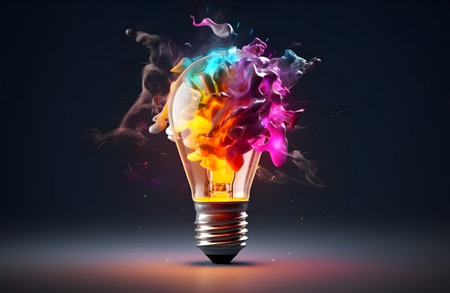 Lightbulb moment and idea concept with explosive multi-color burst of fireの素材