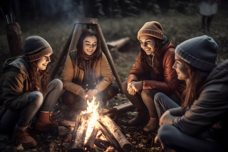 Group of young friends sitting and happily bonding together around campfire at night on wilderness tripの素材