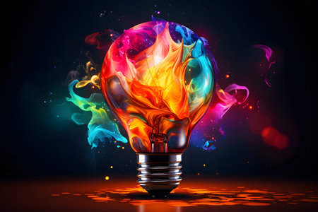 Lightbulb moment and idea concept with explosive multi-color burst of fireの素材