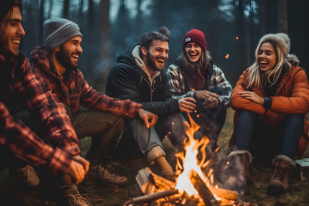 Group of young friends sitting and happily bonding together around campfire at night on wilderness tripの素材