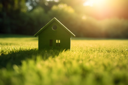 Miniature wooden house in spring grass on a sunny day as eco-friendly housing conceptの素材