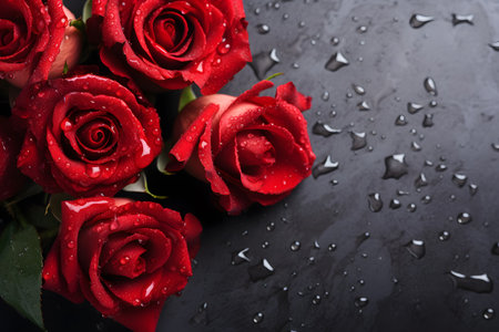 Beautiful red rose flowers bouquet with water droplets on dark stone background, copy space, top viewの素材