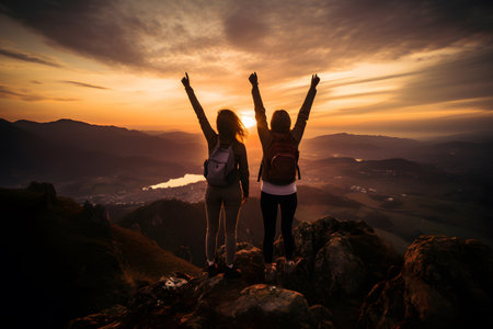 Group of friends happily cheering on top of mountain during sunset after hikingの素材