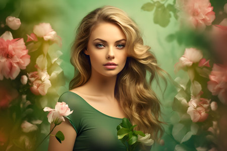 Portrait of attractive woman standing in front of background full of colorful and spring flowersの素材