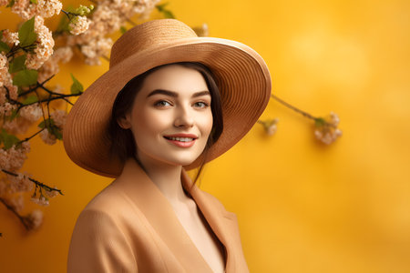 Portrait of attractive woman standing in front of background full of colorful and spring flowersの素材