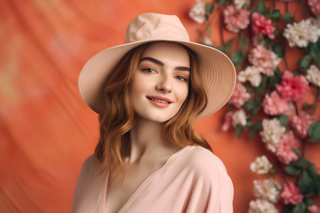 Portrait of attractive woman standing in front of background full of colorful and spring flowersの素材