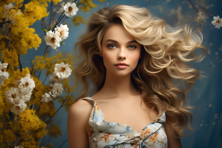 Portrait of attractive woman standing in front of background full of colorful and spring flowersの素材