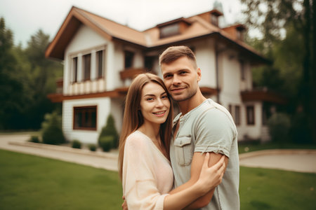Portrait of happy young couple standing on the driveway in front of new residential houseの素材