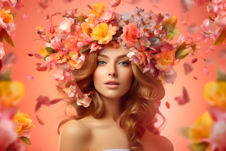 Portrait of attractive woman standing in front of background full of colorful and spring flowersの素材