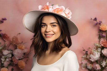 Portrait of attractive woman standing in front of background full of colorful and spring flowersの素材