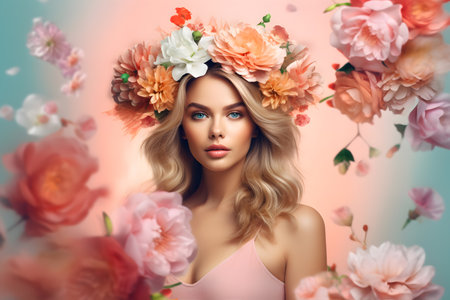 Portrait of attractive woman standing in front of background full of colorful and spring flowersの素材