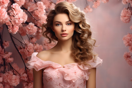 Portrait of attractive woman standing in front of background full of colorful and spring flowersの素材