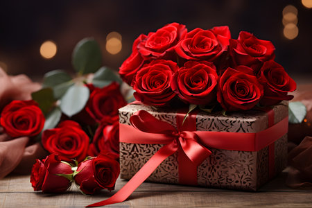 Gift box wrapped in ribbon and bouquet of beautiful red roses for Valentine's day celebrationの素材