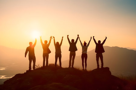 Group of friends happily cheering on top of mountain during sunset after hikingの素材
