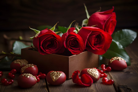 Gift box wrapped in ribbon and bouquet of beautiful red roses for Valentine's day celebrationの素材