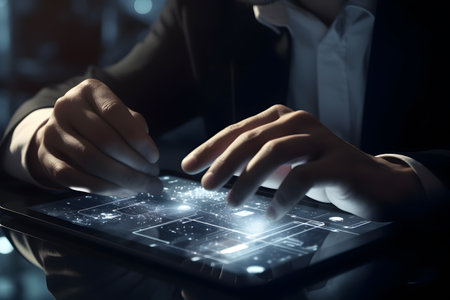 Businessman is using ai working on tablet, business technology, Internet of Things, Ai software development concept or developing coding programmer for mobile appsの素材